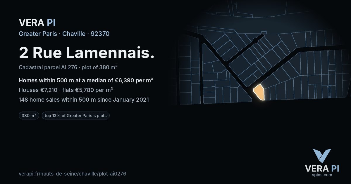 2 Rue Lamennais, Chaville at night – the plot lit, the parcels around coloured by the prices near them