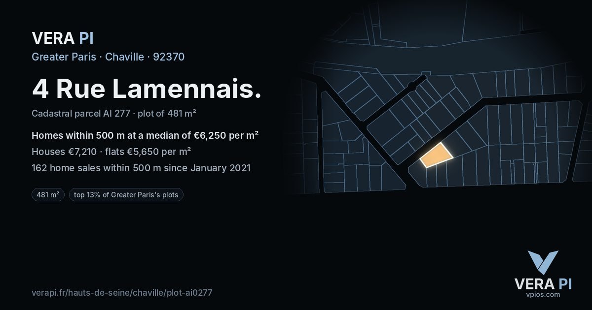 4 Rue Lamennais, Chaville at night – the plot lit, the parcels around coloured by the prices near them