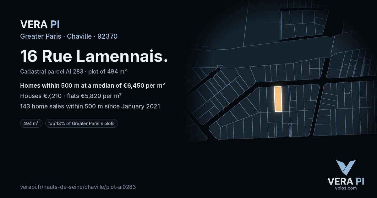 16 Rue Lamennais, Chaville at night – the plot lit, the parcels around coloured by the prices near them