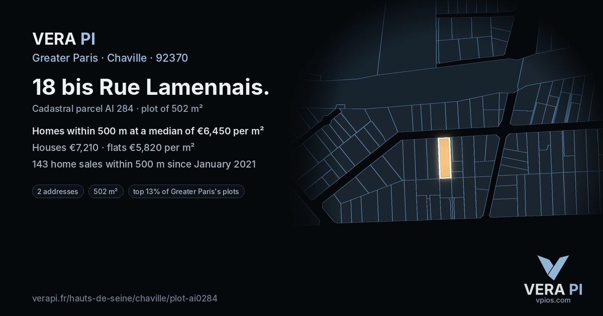 18 bis Rue Lamennais, Chaville at night – the plot lit, the parcels around coloured by the prices near them