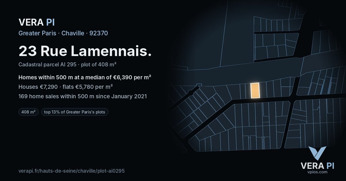 23 Rue Lamennais, Chaville at night – the plot lit, the parcels around coloured by the prices near them