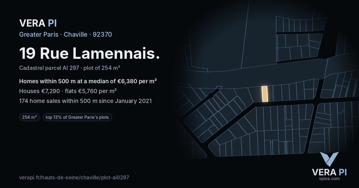 19 Rue Lamennais, Chaville at night – the plot lit, the parcels around coloured by the prices near them
