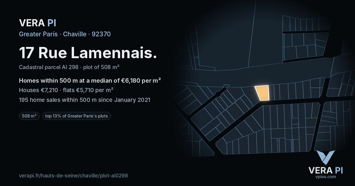 17 Rue Lamennais, Chaville at night – the plot lit, the parcels around coloured by the prices near them
