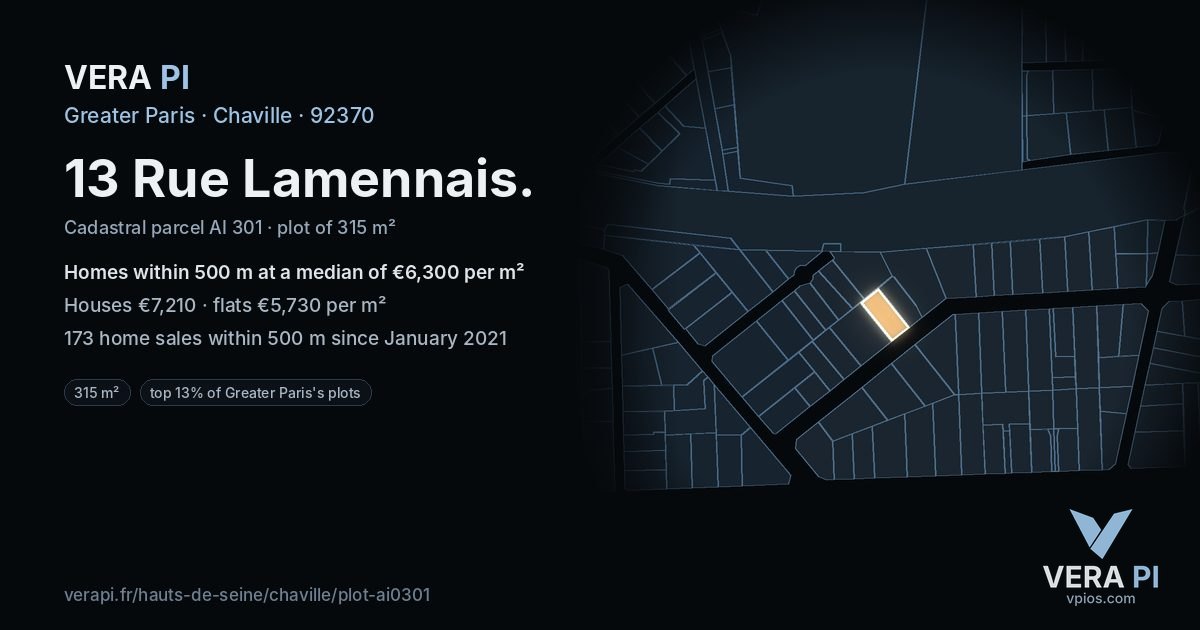 13 Rue Lamennais, Chaville at night – the plot lit, the parcels around coloured by the prices near them