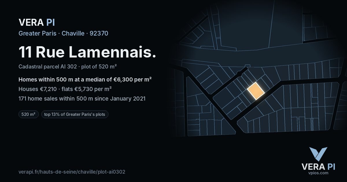 11 Rue Lamennais, Chaville at night – the plot lit, the parcels around coloured by the prices near them