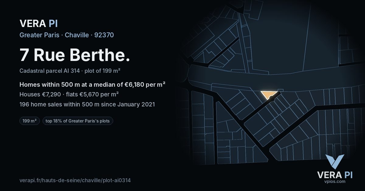 7 Rue Berthe, Chaville at night – the plot lit, the parcels around coloured by the prices near them