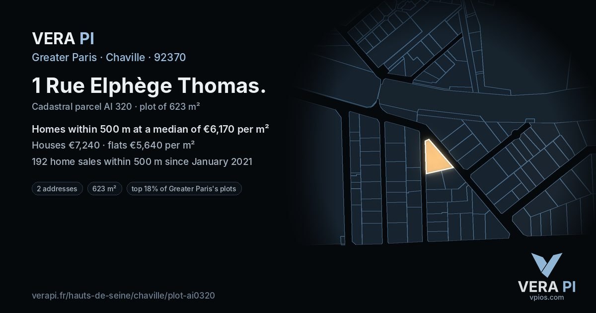 1 Rue Elphège Thomas, Chaville at night – the plot lit, the parcels around coloured by the prices near them