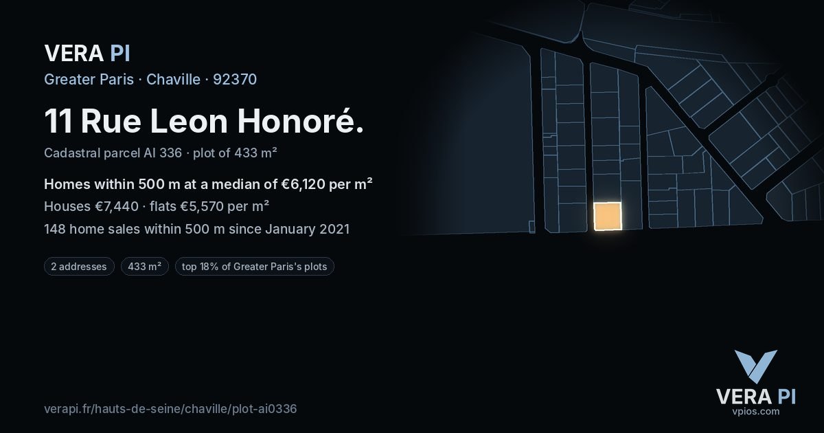 11 Rue Leon Honoré, Chaville at night – the plot lit, the parcels around coloured by the prices near them