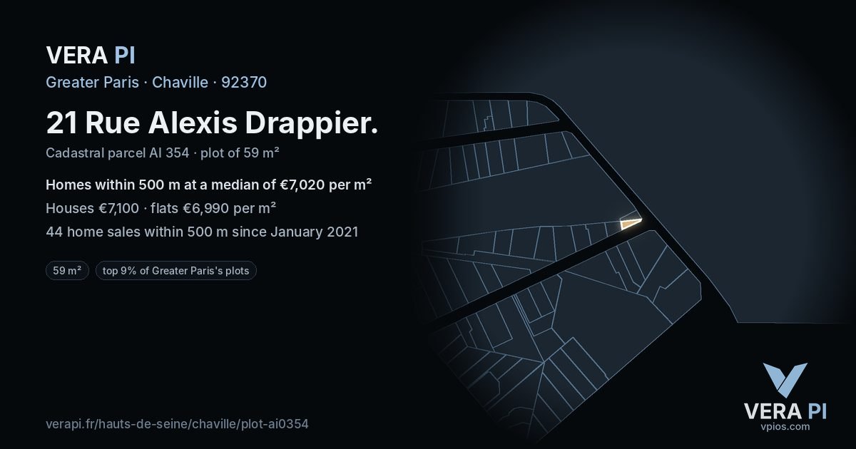 21 Rue Alexis Drappier, Chaville at night – the plot lit, the parcels around coloured by the prices near them