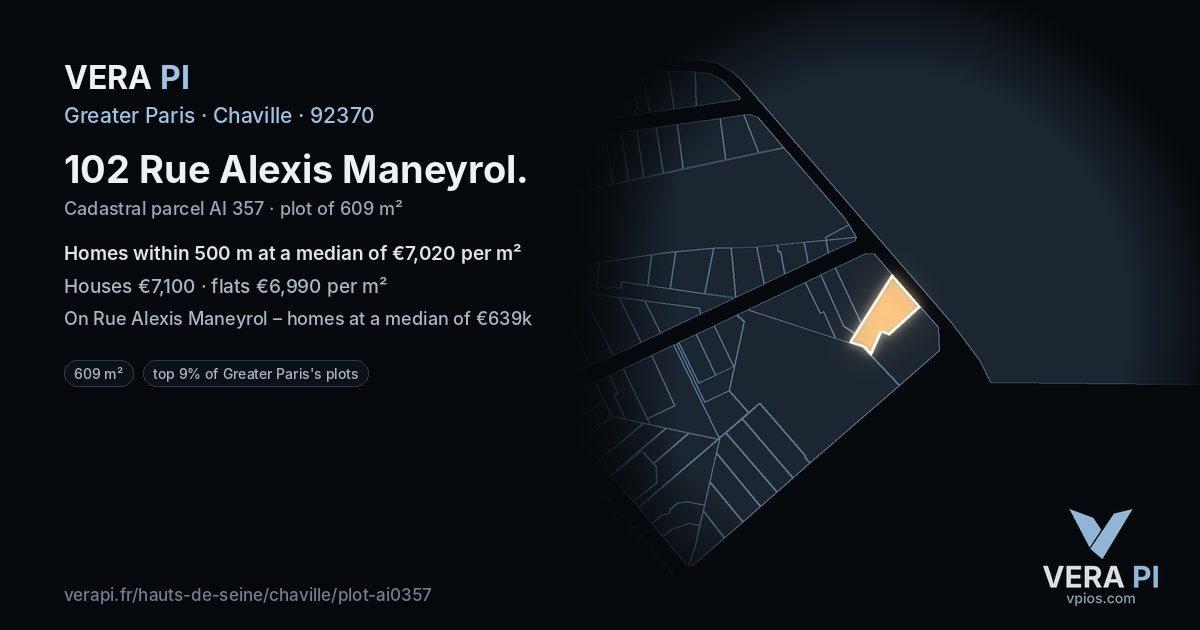 102 Rue Alexis Maneyrol, Chaville at night – the plot lit, the parcels around coloured by the prices near them