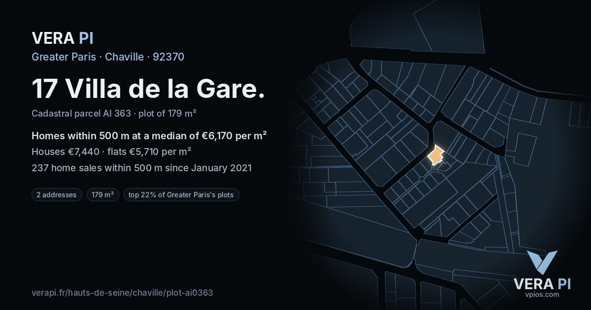 17 Villa de la Gare, Chaville at night – the plot lit, the parcels around coloured by the prices near them