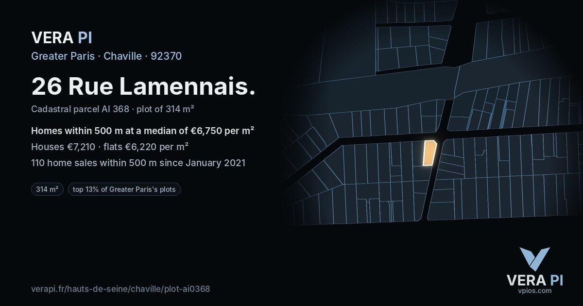 26 Rue Lamennais, Chaville at night – the plot lit, the parcels around coloured by the prices near them