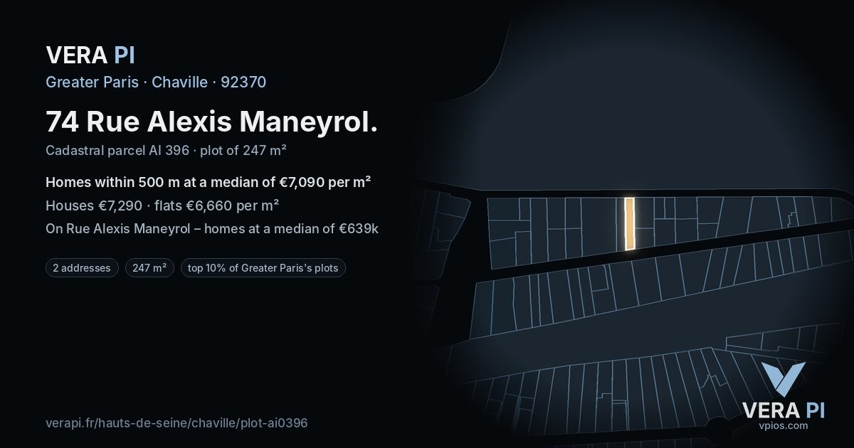 74 Rue Alexis Maneyrol, Chaville at night – the plot lit, the parcels around coloured by the prices near them