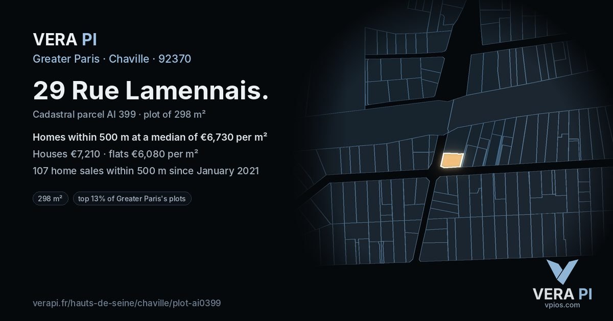 29 Rue Lamennais, Chaville at night – the plot lit, the parcels around coloured by the prices near them