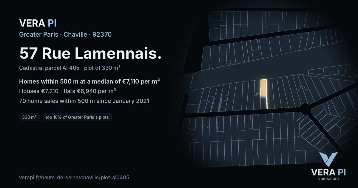 57 Rue Lamennais, Chaville at night – the plot lit, the parcels around coloured by the prices near them