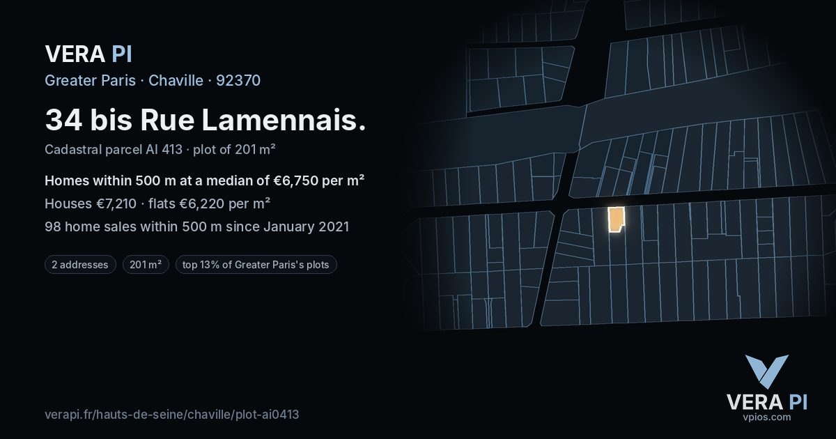 34 bis Rue Lamennais, Chaville at night – the plot lit, the parcels around coloured by the prices near them