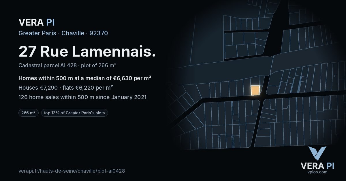 27 Rue Lamennais, Chaville at night – the plot lit, the parcels around coloured by the prices near them