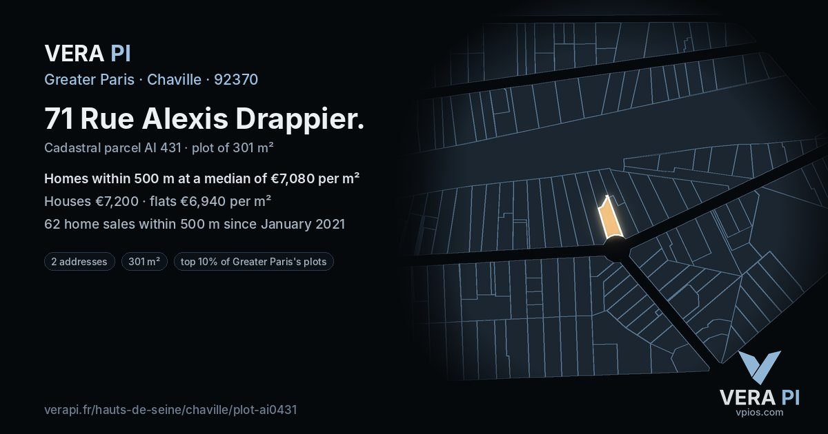 71 Rue Alexis Drappier, Chaville at night – the plot lit, the parcels around coloured by the prices near them