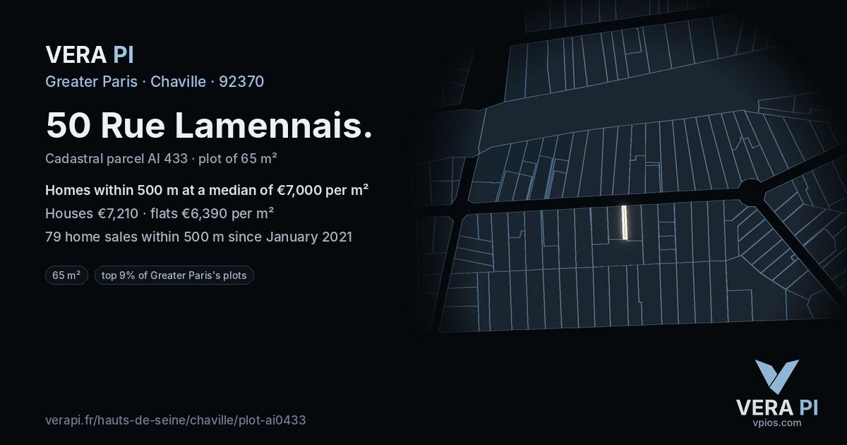 50 Rue Lamennais, Chaville at night – the plot lit, the parcels around coloured by the prices near them
