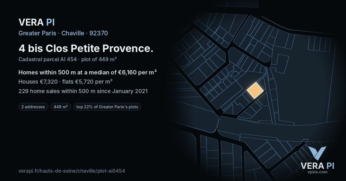 4 bis Clos Petite Provence, Chaville at night – the plot lit, the parcels around coloured by the prices near them