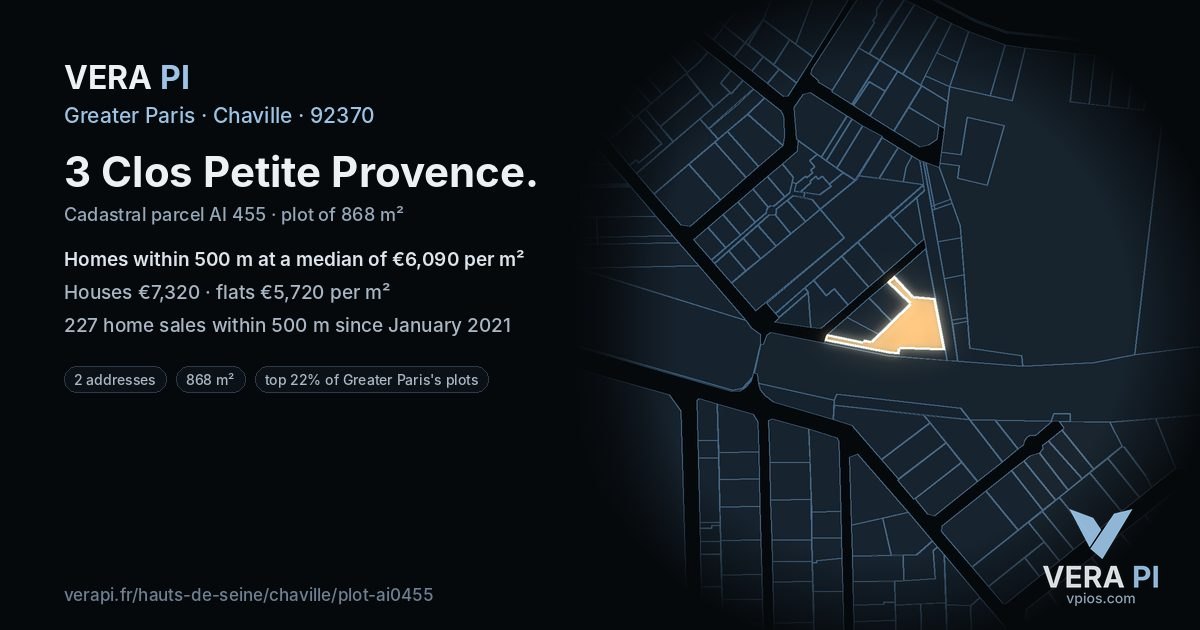 3 Clos Petite Provence, Chaville at night – the plot lit, the parcels around coloured by the prices near them