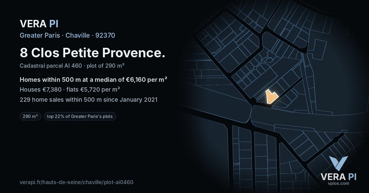 8 Clos Petite Provence, Chaville at night – the plot lit, the parcels around coloured by the prices near them