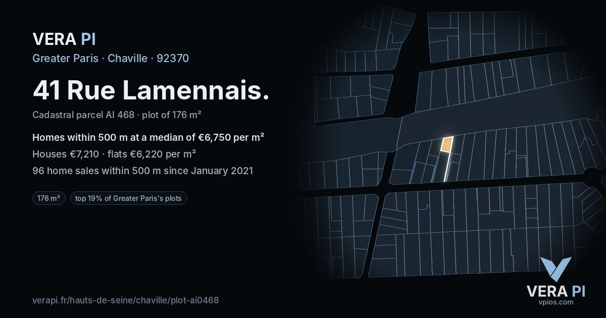 41 Rue Lamennais, Chaville at night – the plot lit, the parcels around coloured by the prices near them