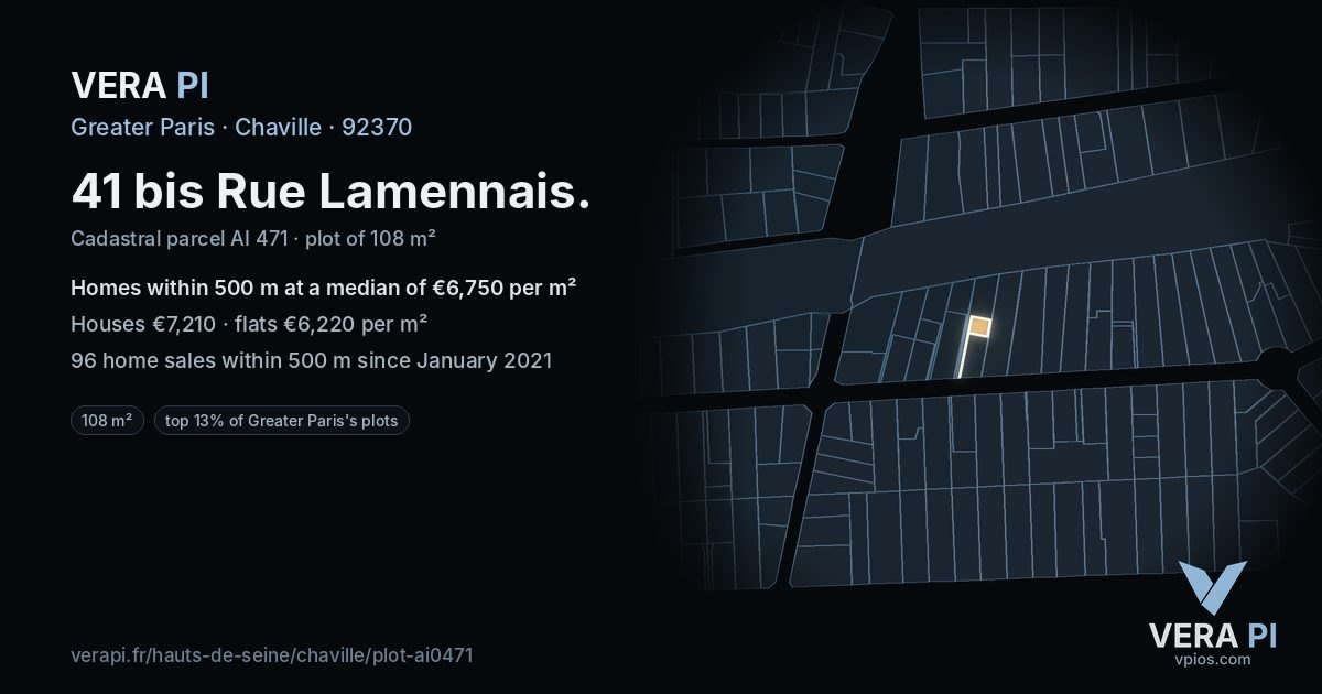 41 bis Rue Lamennais, Chaville at night – the plot lit, the parcels around coloured by the prices near them