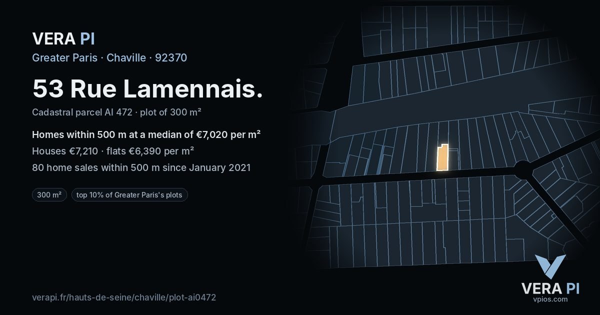 53 Rue Lamennais, Chaville at night – the plot lit, the parcels around coloured by the prices near them
