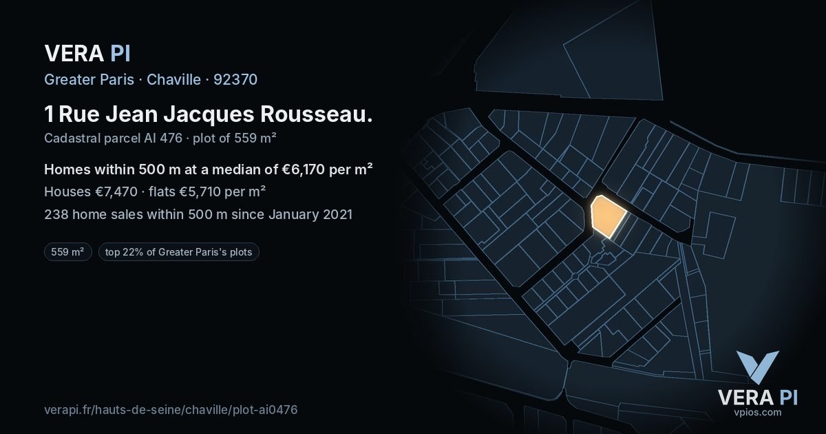 1 Rue Jean Jacques Rousseau, Chaville at night – the plot lit, the parcels around coloured by the prices near them