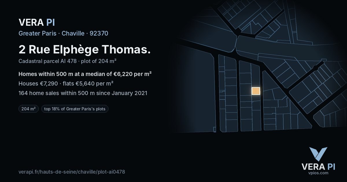 2 Rue Elphège Thomas, Chaville at night – the plot lit, the parcels around coloured by the prices near them