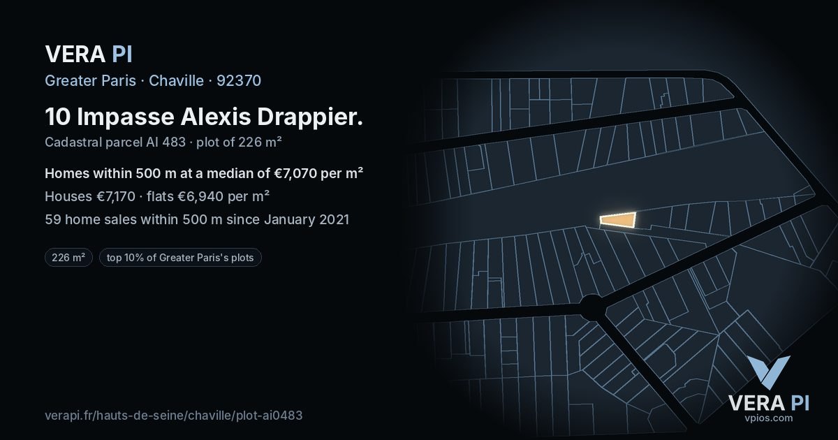 10 Impasse Alexis Drappier, Chaville at night – the plot lit, the parcels around coloured by the prices near them
