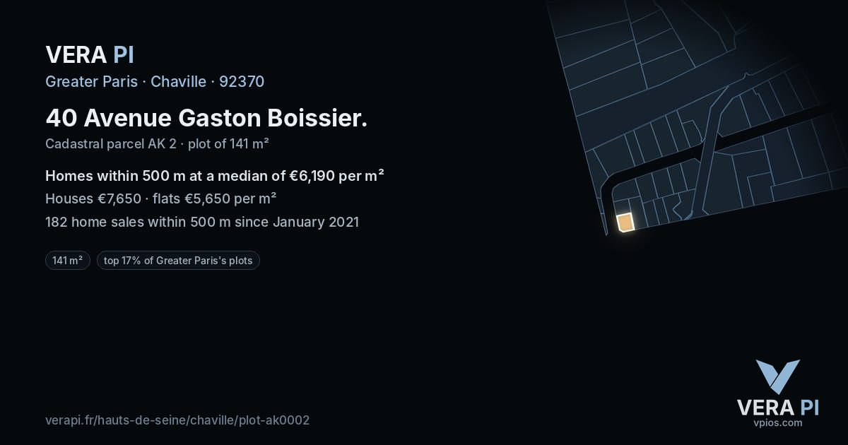 40 Avenue Gaston Boissier, Chaville at night – the plot lit, the parcels around coloured by the prices near them