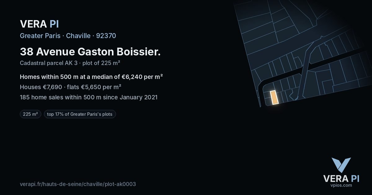38 Avenue Gaston Boissier, Chaville at night – the plot lit, the parcels around coloured by the prices near them