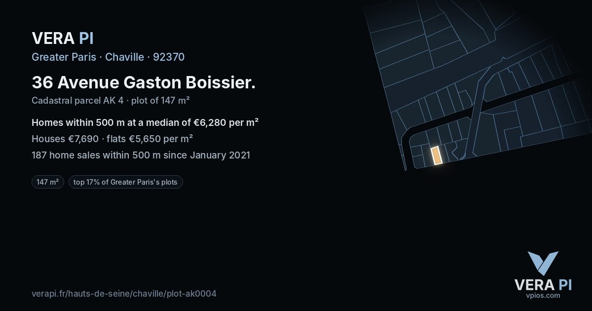 36 Avenue Gaston Boissier, Chaville at night – the plot lit, the parcels around coloured by the prices near them