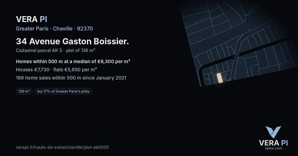 34 Avenue Gaston Boissier, Chaville at night – the plot lit, the parcels around coloured by the prices near them