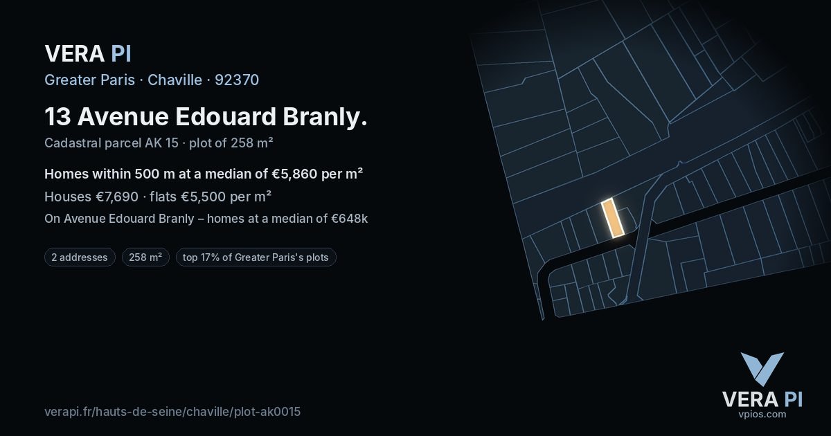 13 Avenue Edouard Branly, Chaville at night – the plot lit, the parcels around coloured by the prices near them
