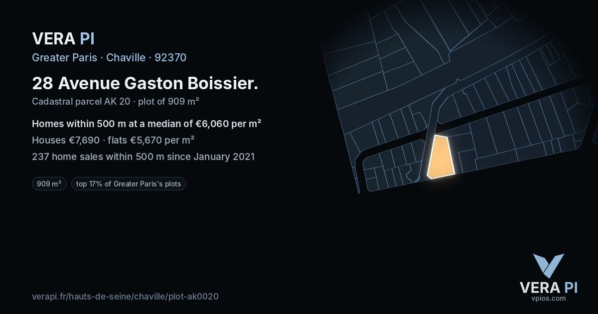 28 Avenue Gaston Boissier, Chaville at night – the plot lit, the parcels around coloured by the prices near them