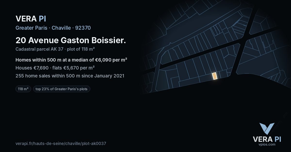 20 Avenue Gaston Boissier, Chaville at night – the plot lit, the parcels around coloured by the prices near them