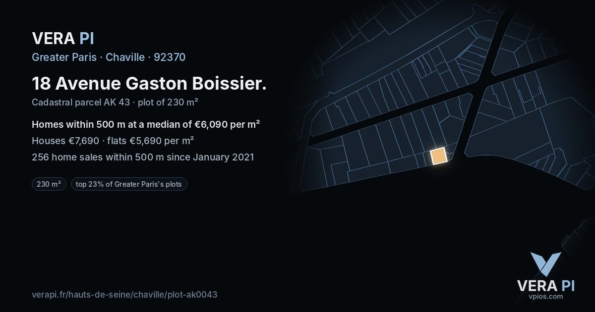 18 Avenue Gaston Boissier, Chaville at night – the plot lit, the parcels around coloured by the prices near them