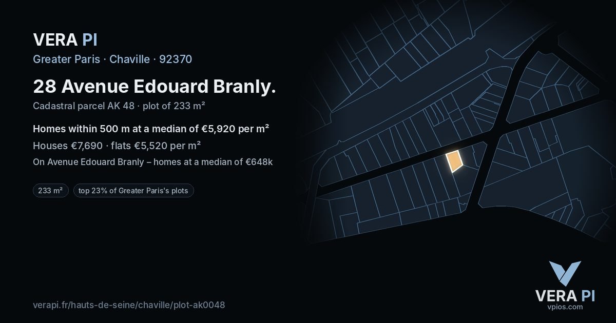 28 Avenue Edouard Branly, Chaville at night – the plot lit, the parcels around coloured by the prices near them