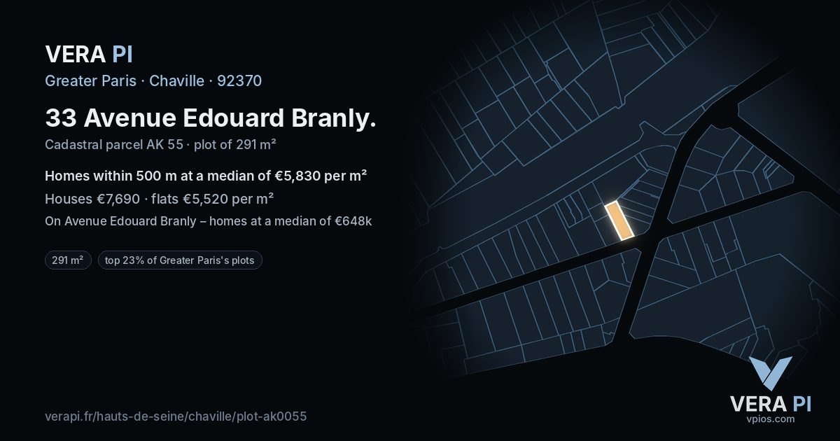 33 Avenue Edouard Branly, Chaville at night – the plot lit, the parcels around coloured by the prices near them