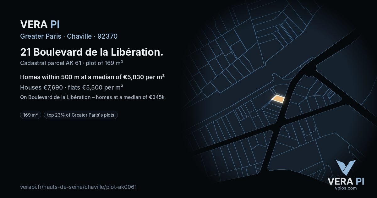 21 Boulevard de la Libération, Chaville at night – the plot lit, the parcels around coloured by the prices near them