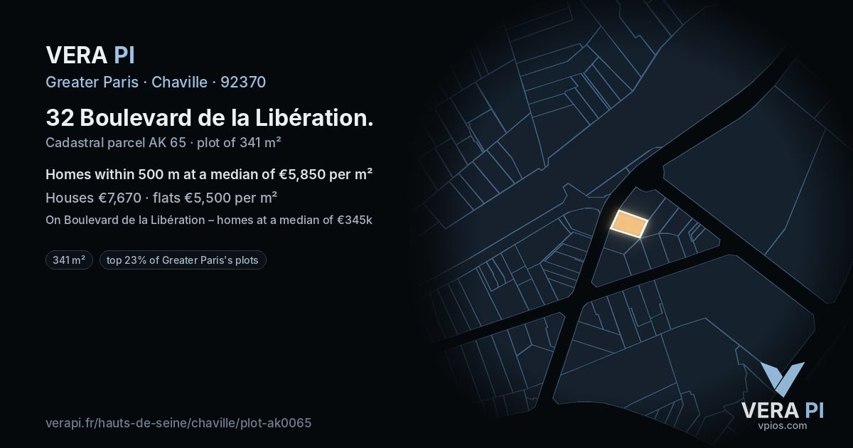 32 Boulevard de la Libération, Chaville at night – the plot lit, the parcels around coloured by the prices near them