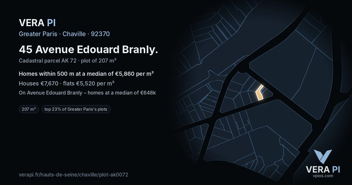 45 Avenue Edouard Branly, Chaville at night – the plot lit, the parcels around coloured by the prices near them