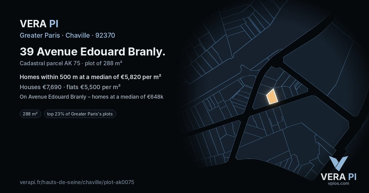 39 Avenue Edouard Branly, Chaville at night – the plot lit, the parcels around coloured by the prices near them