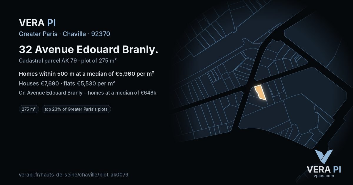 32 Avenue Edouard Branly, Chaville at night – the plot lit, the parcels around coloured by the prices near them