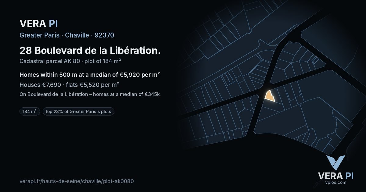 28 Boulevard de la Libération, Chaville at night – the plot lit, the parcels around coloured by the prices near them