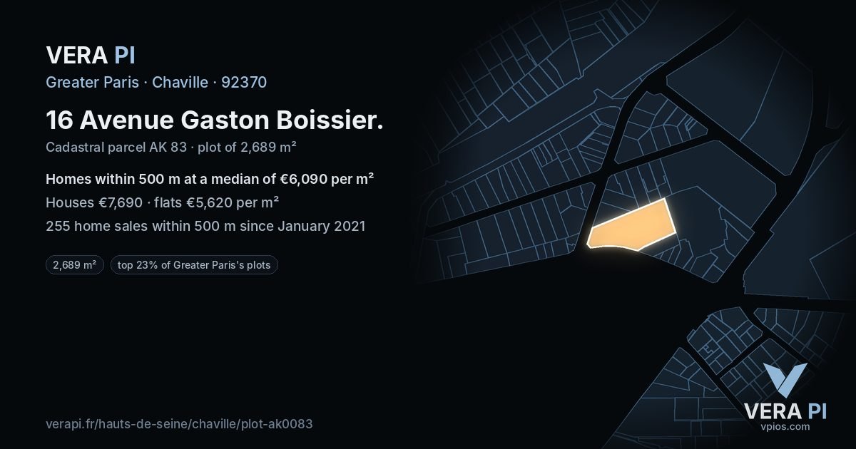 16 Avenue Gaston Boissier, Chaville at night – the plot lit, the parcels around coloured by the prices near them