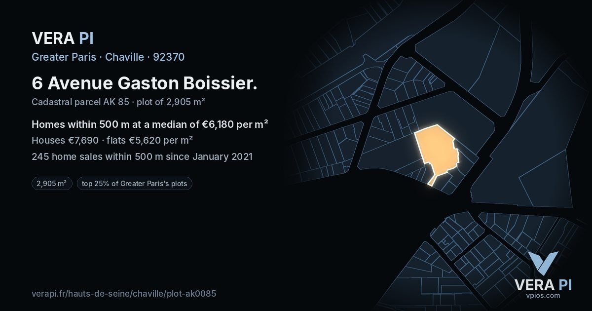 6 Avenue Gaston Boissier, Chaville at night – the plot lit, the parcels around coloured by the prices near them
